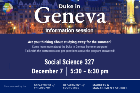 Flier with text, &amp;amp;amp;quot;Are you thinking about studying away for the summer? Come to learn more about the program. Talk with the instructors and get questions answered. Picture of city scape of Geneva in background with session date, time and location.